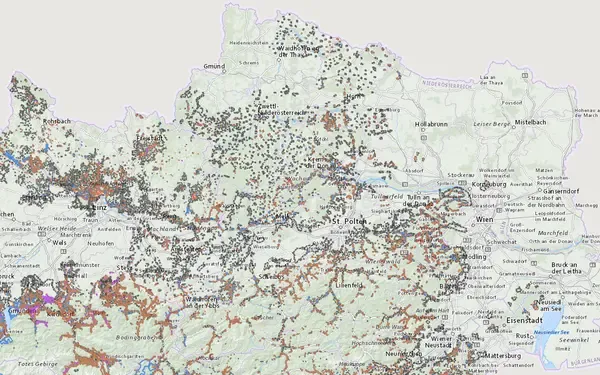 Gefahrenzonenplan Niederösterreich: Kartenausschnitt aus der Grundblick-Karte
