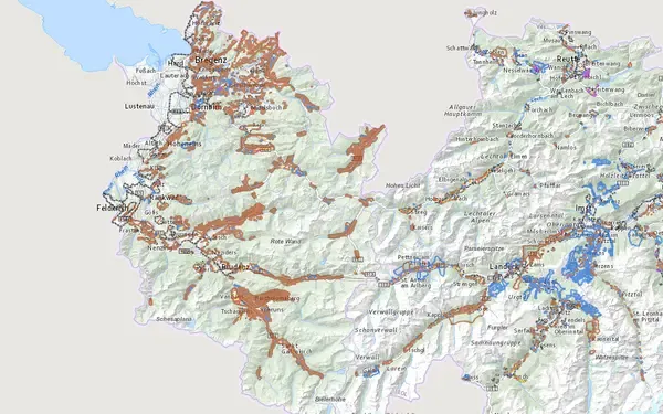 Gefahrenzonenplan Vorarlberg: Kartenausschnitt aus der Grundblick-Karte