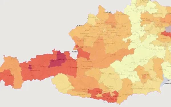 Immobilienpreise: Kartenausschnitt aus der Grundblick-Karte für Österreich