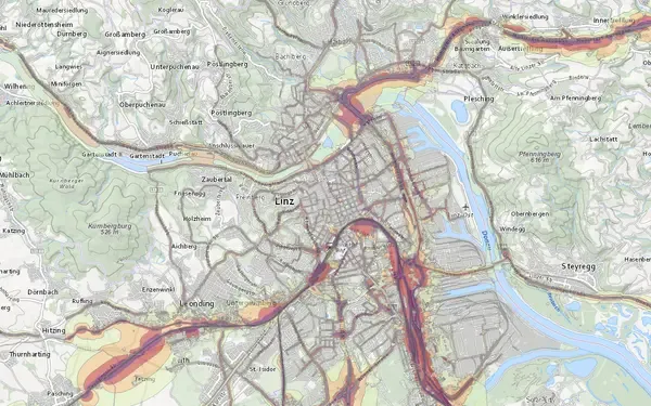 Lärmkarte Linz: Kartenausschnitt aus der Grundblick-Karte